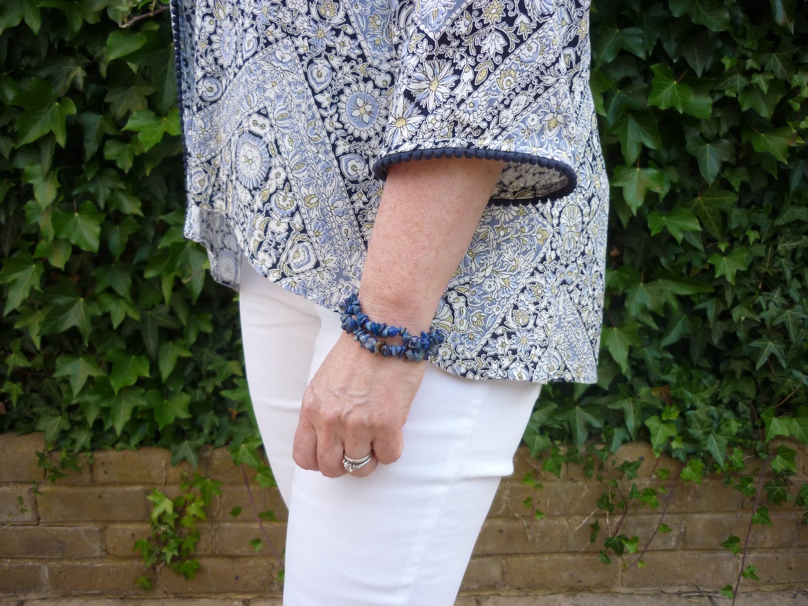 Side view of Blue Kimono with bracelets