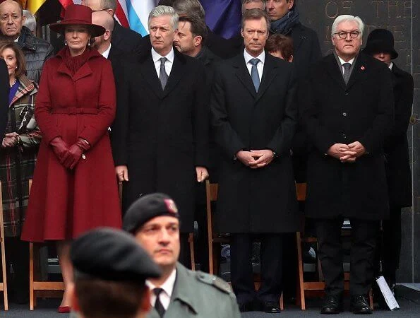 President Andrzej Duda, Queen Mathilde, King Philippe, Grand Duke Henri and Frank-Walter Steinmeier. red wool cashmere coat