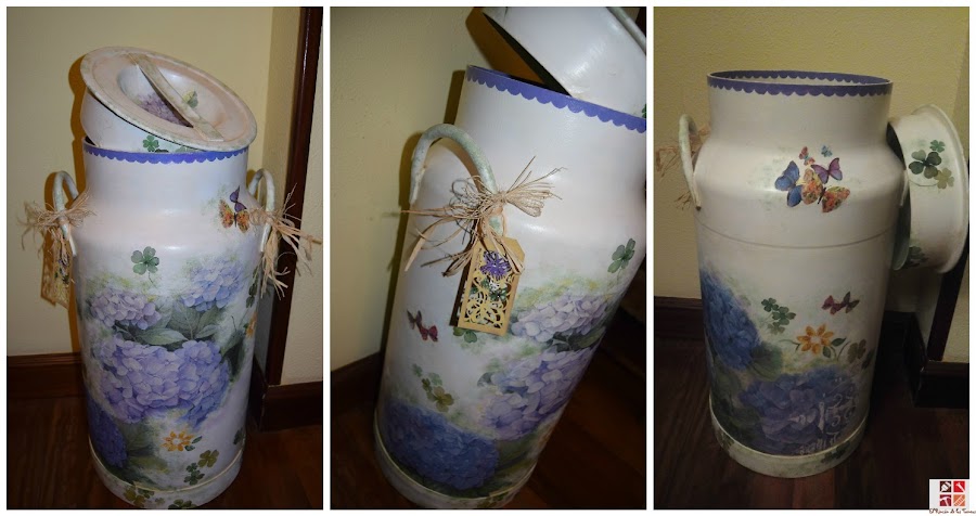 lechera con decoupage y pintada a mano