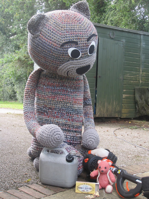 Fiddly Fingers crochet cat Chester Taffy crochet bear getting into mischief  mending hedge trimmer