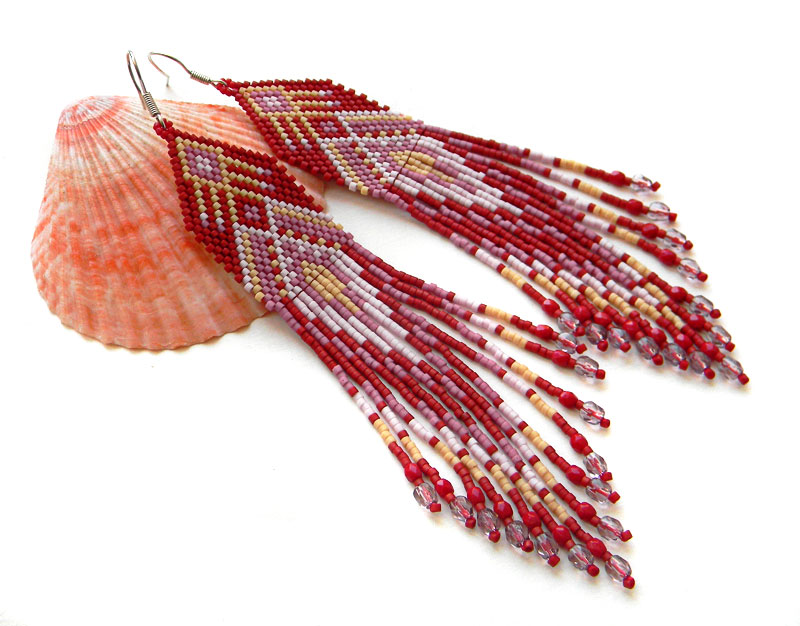 Бохо-серьги украшения из бисера красные длинные сережки