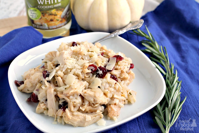 Creamy risotto comes together with fresh rosemary, leftover holiday turkey, sweet & tart cranberries, & flavorful cooking wine in this comforting Turkey & Cranberry Risotto.