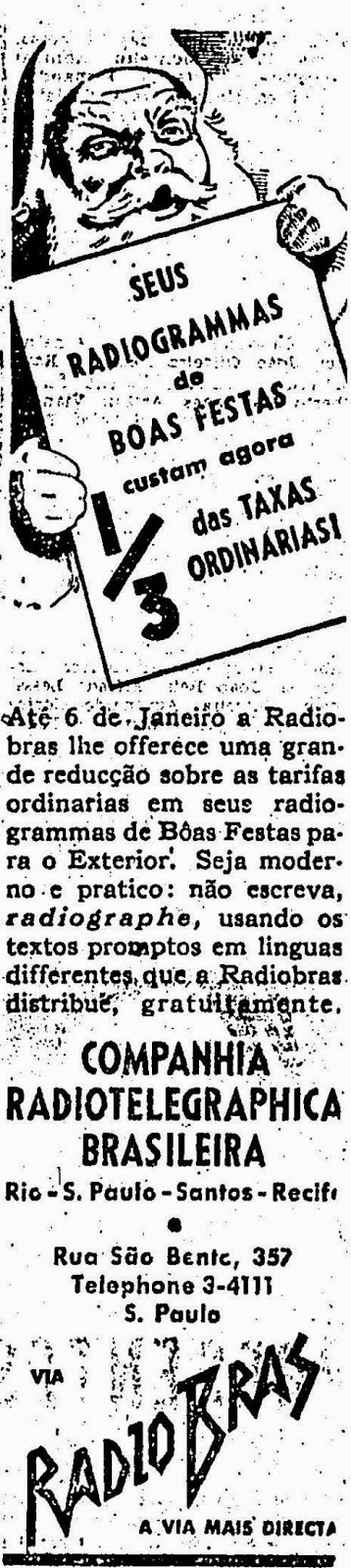 Propaganda para envio de Radiogramas (telegramas via rádio) em 1940. Campanha para época natalina.