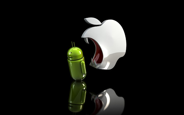 Zwarte wallpaper met een 3D Apple logo en een Android robot