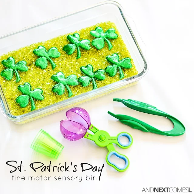 St. Patrick's Day fine motor sensory bin for kids from And Next Comes L