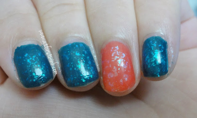 dark blue and pink flakies nails using Sasatinnie and pa nail polishes