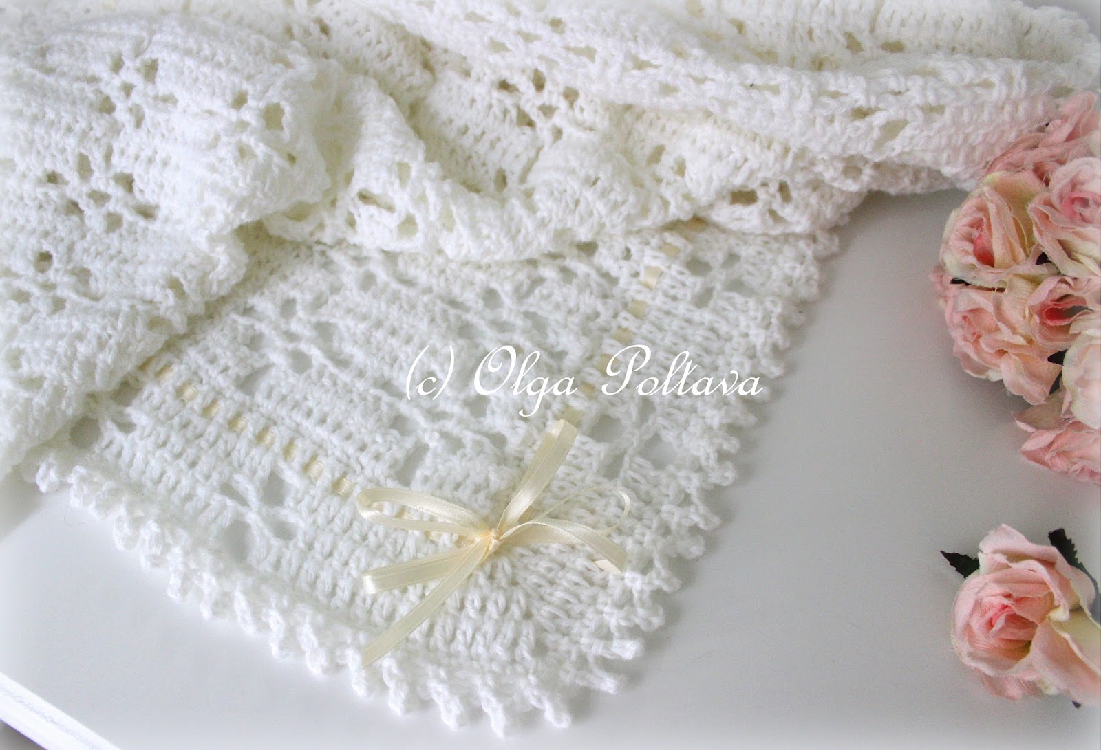 Baby Blanket size 37 in x 40 in.Christening shawl, Free P&P Crochet pattern 