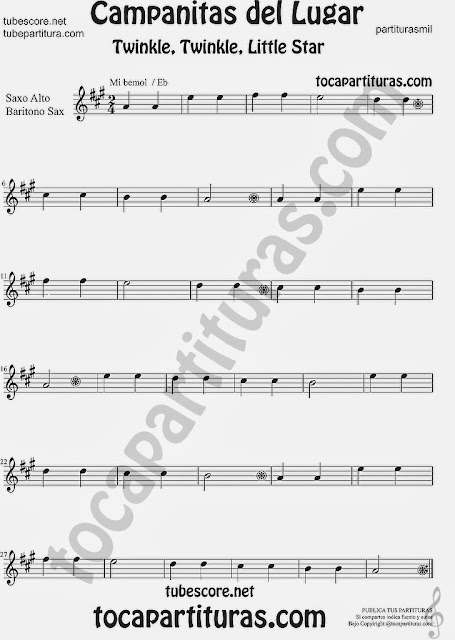 Partitura de Campanitas del Lugar para Saxofón Alto y Sax Barítono Villancico Christmas Carol Song Twinkle twinkle little Sheet Music for Alto and Baritone Saxophone Music Scores