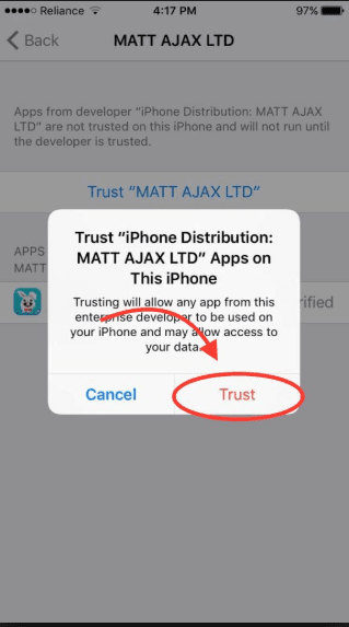 اعطاء الثقة لتطبيق على الآيفون 