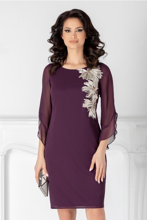 Rochie Ginnette mov cu broderie florala la bust Rochie Ginnette mov cu broderie florala la bust