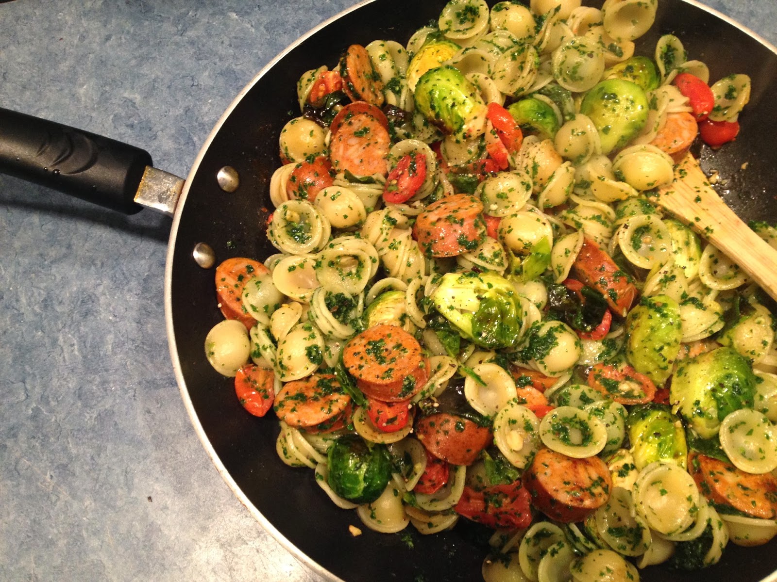 Pesto Orecchiette with Roasted Brussel Sprouts and Chicken Sausage