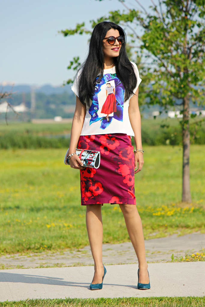 Zara Printed T Shirt, Floral Printed Skirt, Magazine Print Clutch