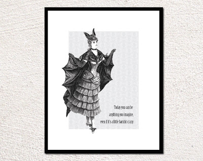 vintage illustration of a woman dressed like a bat framed