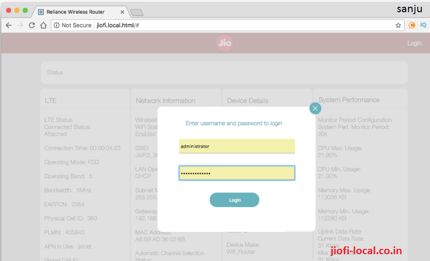 password jiofi