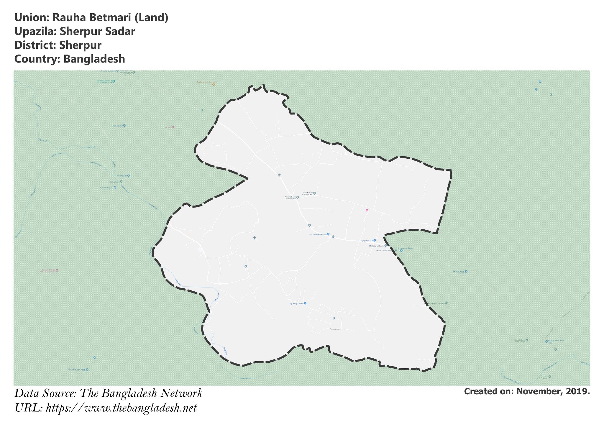 Map of Rauha Betmari of Sherpur, Bangladesh.