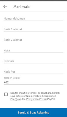 Formulir daftar Akun paypal mobile Indonesia  aplikasi Android