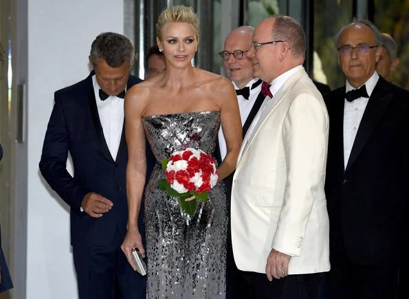 Princess Charlene wore Strapless Silver Sequin jumpsuit at Monaco Red Cross Ball Gala in Monte-Carlo