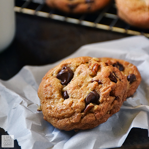 Chocolate Chip Butter Pecan Cookies | by Life Tastes Good are nutty, chocolaty, chewy, and buttery too! These cookies are a southern twist on a classic cookie and will liven up your holiday cookie tray! #LTGrecipes #RHFood