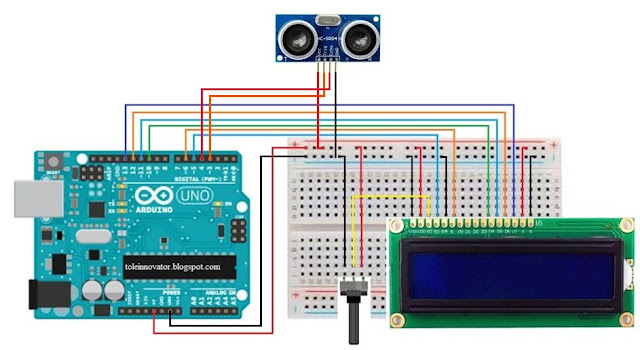 Rangkaian Menampilkan jarak sensor ultrasonik di Lcd 16x2 Arduino