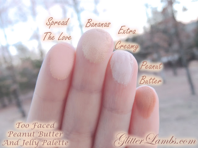 Too Faced Peanut Butter And Jelly Palette Makeup Swatches by Glitter Lambs www.GlitterLambs.com. Spread The Love, Bananas, Extra Creamy, Peanut Butter, Peanut Brittle, Jelly, Peanut Butter Cup, Jammin, Nuts About U, Eyeshadow Swatches of Too Faced makeup palette. Too Faced Peanut Butter And Jelly Palette Makeup Swatches by Glitter Lambs www.GlitterLambs.com. Spread The Love, Bananas, Extra Creamy, Peanut Butter, Peanut Brittle, Jelly, Peanut Butter Cup, Jammin, Nuts About U, Eyeshadow Swatches of Too Faced makeup palette.
