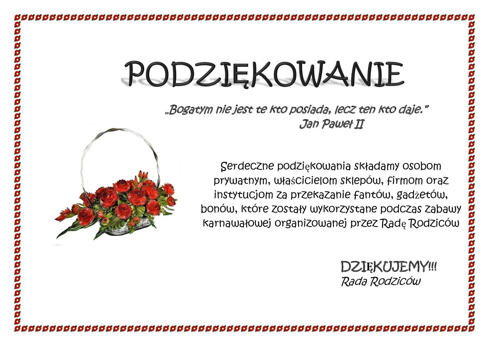 Dedykacje I Podziękowania Szkoła Podstawowa im. Adama Mickiewicza w Wapnie : Podziękowania