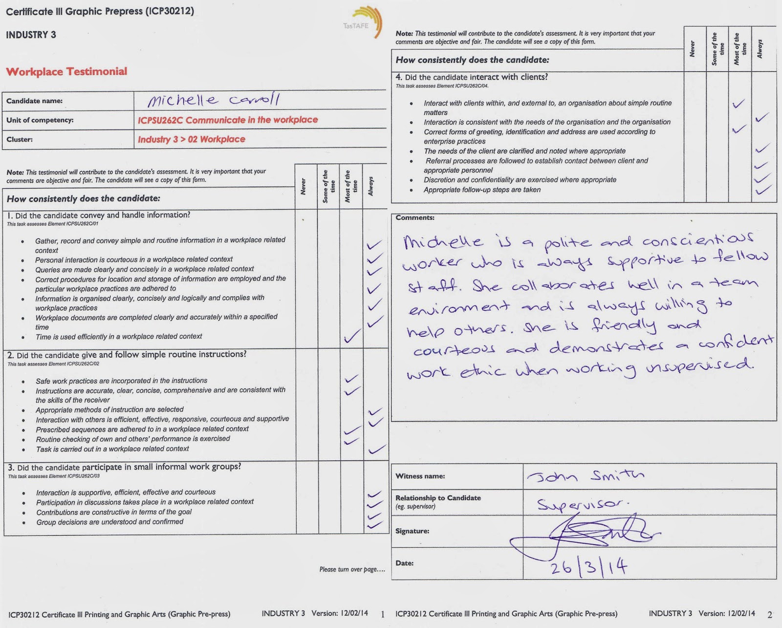 MichelleCarroll CertIIIGpp: i3 WORKPLACE - Final Assessment Task