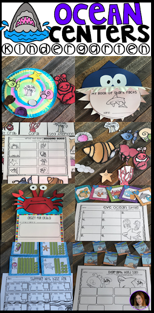Ocean Centers Math and Literacy Crafts and Activities is perfect for springtime in kindergarten or summer school for students moving from kindergarten to first grade. There are tons of hands on craftivities, writing, literacy and math center that students will love. 