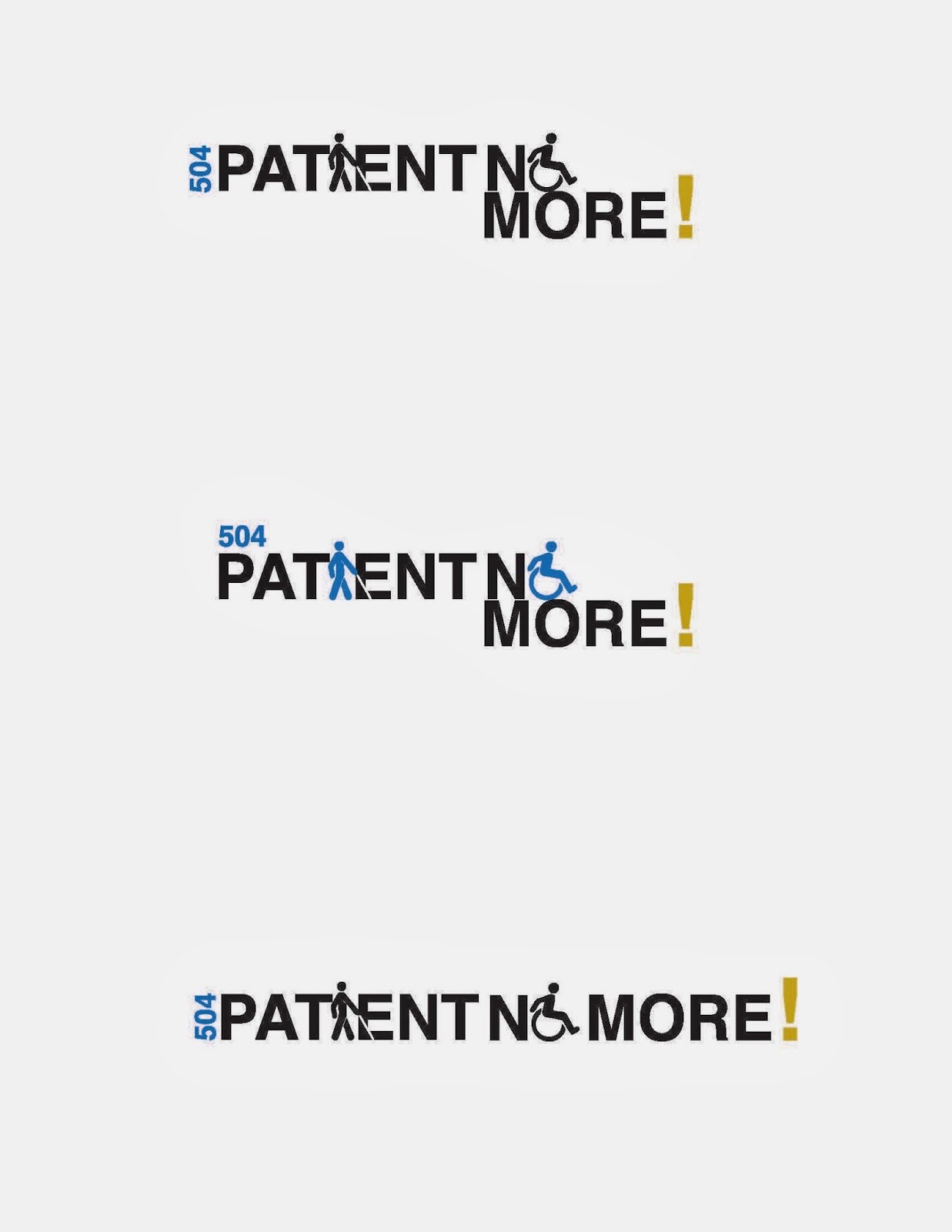 "Patient No More!" logo idea incorporating disability symbols as letterforms, color included
