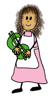 A curly-haired stick figure girl in pink dress holding a large green dollar sign.