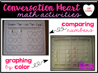 Valentine's Day math activity centers featuring 12 math skills, just add conversation hearts!