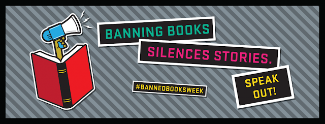 Banned Books Week banner with megaphone and book: Banning Books Silences Stories. Speak Out! #BannedBooksWeek