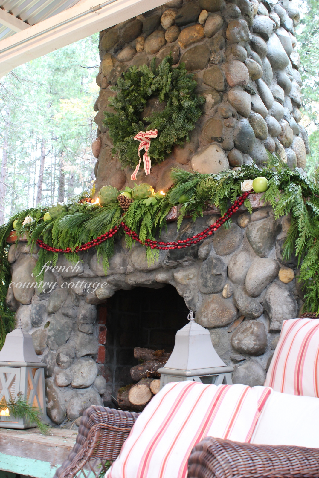 Outdoor Rock Fireplace Dressed For Christmas French Country Cottage