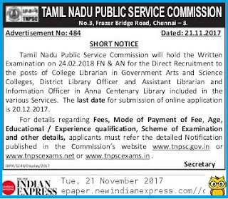 TNPSC College Librarian, DLO, Assistant Librarian & Information Officer Recruitment 21.11.2017