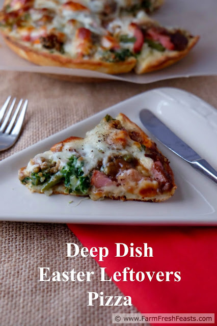 A recipe for deep dish pizza with ham, green beans and sweet potatoes sandwiched between a mashed potato-spread pizza crust and a layer of provolone cheese. Turn those leftovers into a Friday Night Pizza!