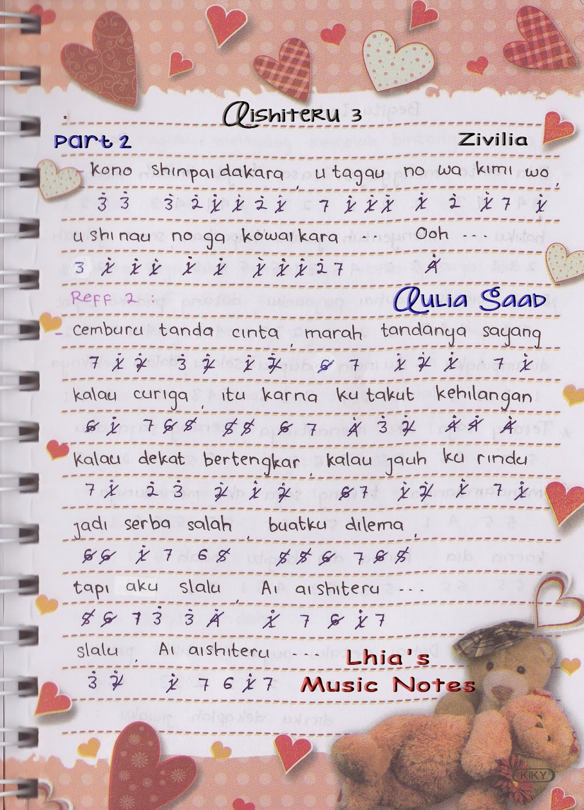 Not Angka : Zivilia - Aishiteru 3 | Aulia's World