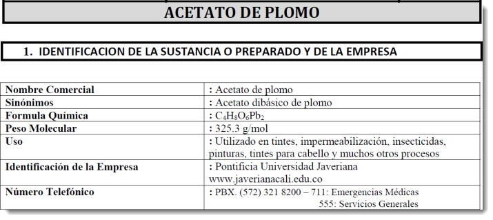 Acetato De Plomo Hoja De Seguridad