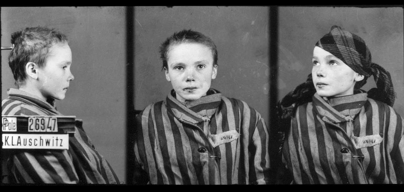 Czeslawa Kwoka, age 14, appears in a prisoner identity photo provided by the Auschwitz Museum, taken by Wilhelm Brasse while working in the photography department at Auschwitz, the Nazi-run death camp where some 1.5 million people, most of them Jewish, died during World War II. Czeslawa was a Polish Catholic girl, from Wolka Zlojecka, Poland, who was sent to Auschwitz with her mother in December of 1942. Within three months, both were dead. Photographer (and fellow prisoner) Brasse recalled photographing Czeslawa in a 2005 documentary: 