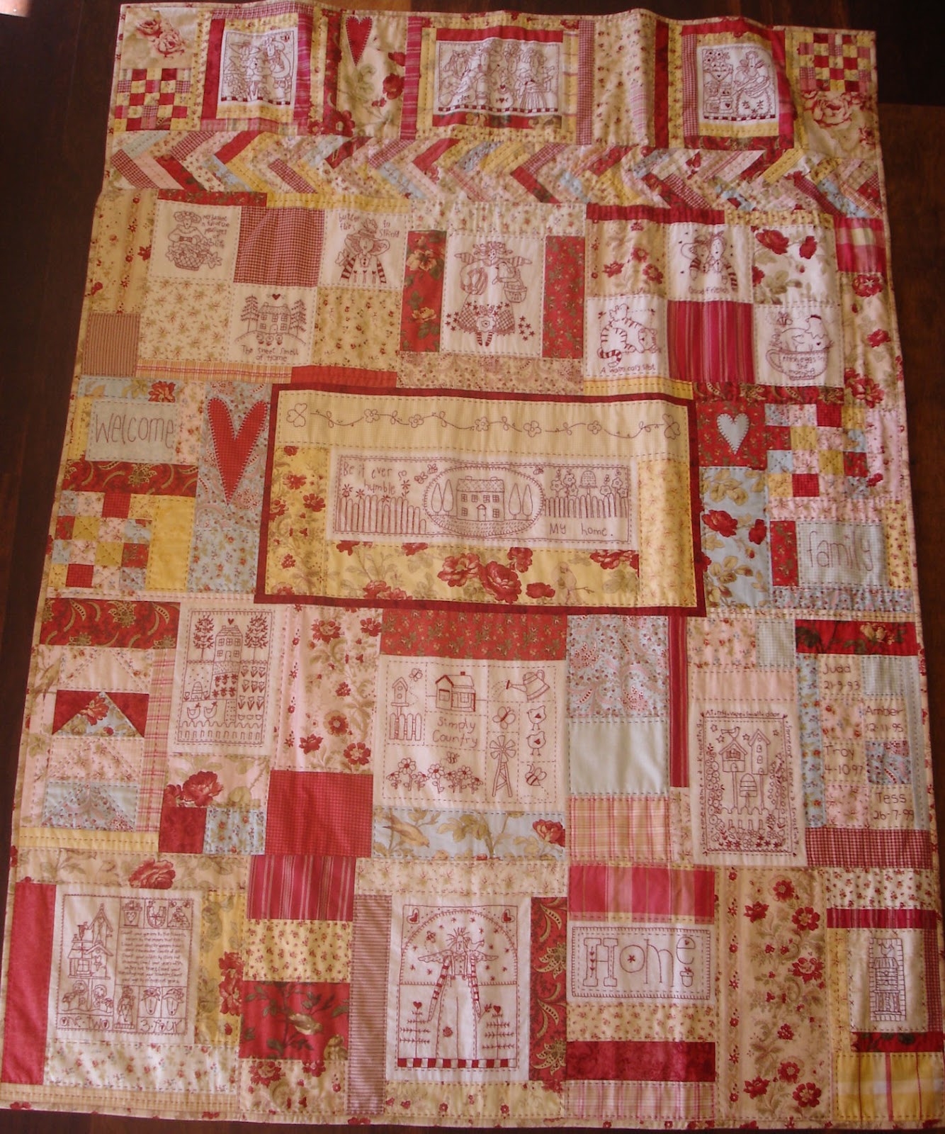 Mugwa Cottage Gingham Rose Redwork Quilt