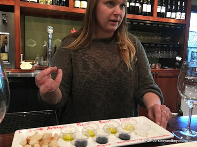 Amanda Sarich conducts an olive oil-vinegar tasting at We Olive & Wine Bar in Los Gatos, California