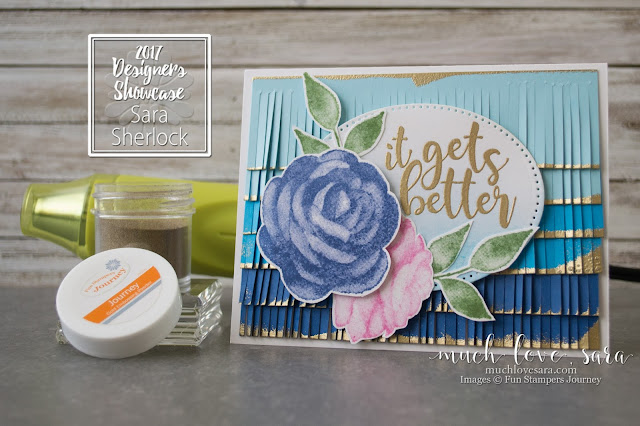 Fun Stampers Journey Designer's Showcase Bloom This Way Launch Party | Ombre Fringe meet Pretty Florals in this beautiful handmade card created with the BRAND NEW stamp sets "Good Stuff" and "Printed Rose" | muchlovesara.com