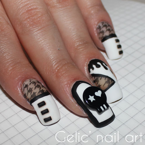 Gelic' nail art: Houndstooth negative space in b&w with skull charm