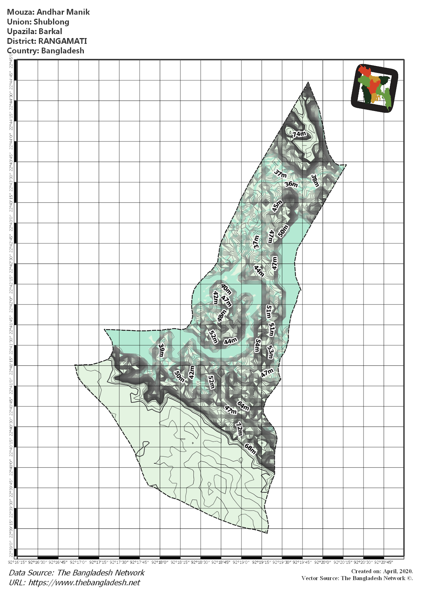 Map of Andhar Manik Mouza of Barkal Upazila, RANGAMATI, Bangladesh.