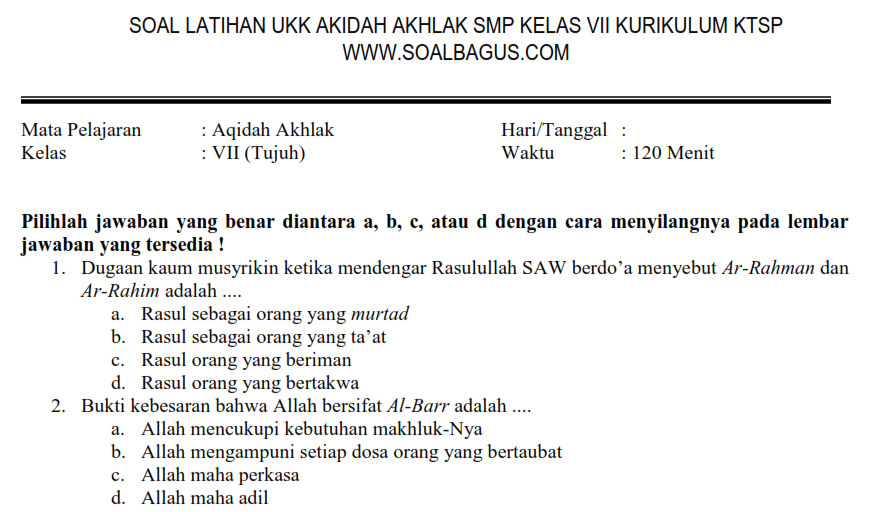 Soal aqidah akhlak kelas 3 semester 1 dan kunci jawaban