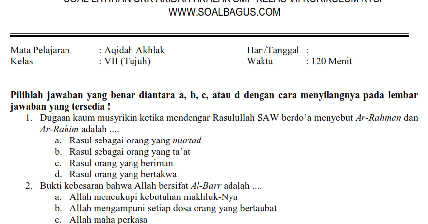 Soal UKK/ UAS Akidah Akhlak Kelas 7 MTs Semester 2 - soalbagus.com