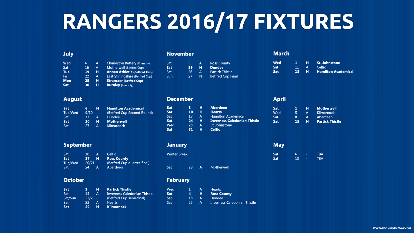Rangers Loyal Rangers 2016/17 Fixtures