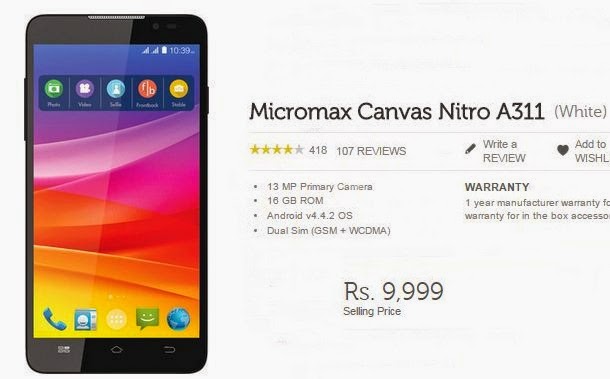 Buy Micromax Canvas Nitro A311 for Cheapest price Rs.9999 from Flipkart