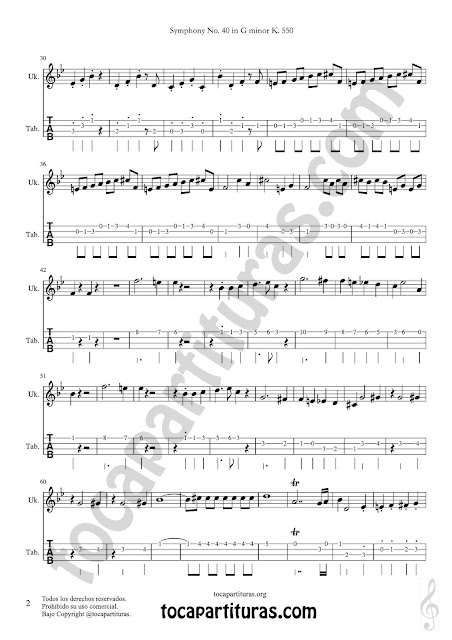 2 Symphony Nº 40 Punteo Tablature Sheet Music for Ukelele Tabs Music Scores   PDF and MIDI here