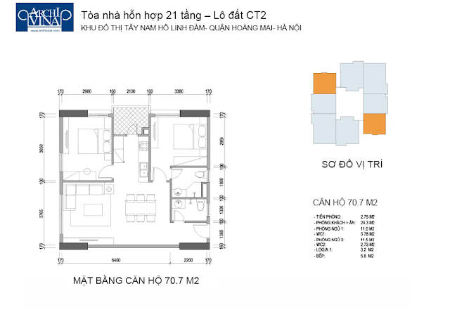 Căn diện tích 70.7 m2 2 phòng ngủ chung cư b1b2ct, b2ct2 tây nam linh đàm