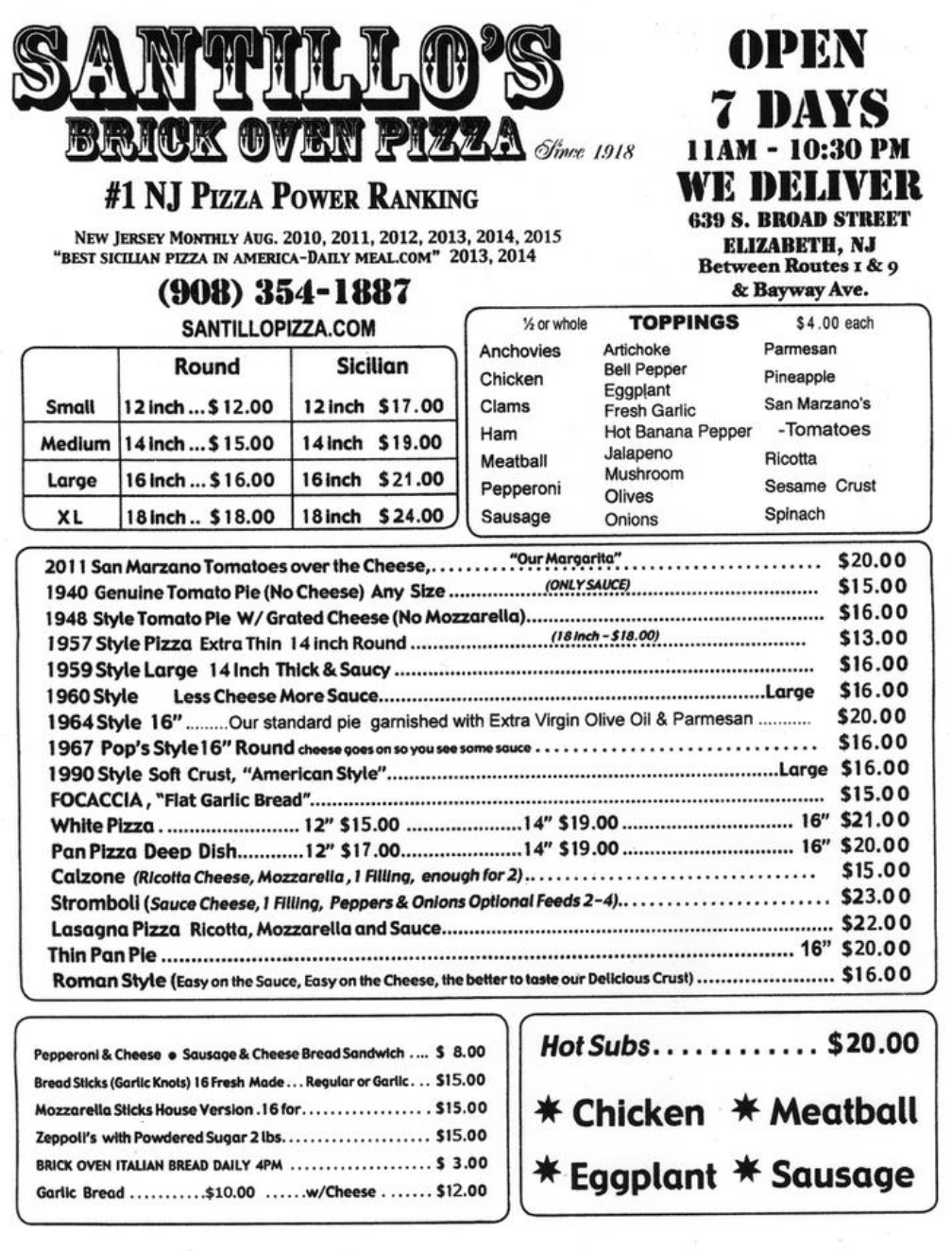 Santillo's Brick Oven Pizza 9083541887 ELIZABETH,NJ Menu