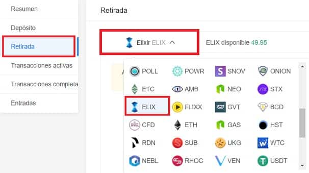 retirar ELIX (ELIXIR) de exchange a monedero personal web wallet retirar monedas elixir monedero personal
